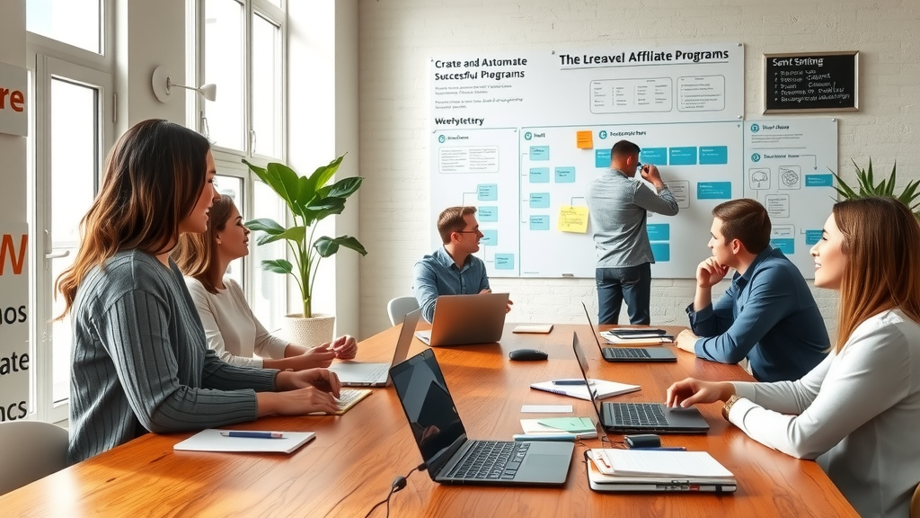 A detailed and informative scene in a modern, bright co-working space showcasing a diverse group of professionals in their 30s and 40s engaged in a brainstorming session. One woman, with a friendly smile, leads a discussion at a large wooden table scattered with laptops, notebooks, and colorful sticky notes. Soft natural light filters through large windows, illuminating the relaxed ambiance. In the background, a man writes on a whiteboard filled with diagrams and flowcharts related to creating and automating successful affiliate programs. The walls are adorned with motivational quotes and green plants, symbolizing growth and inspiration. The overall mood is collaborative and positive, emphasizing innovation and teamwork.