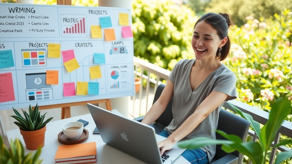 A vibrant and inspiring scene depicting a woman in her early 30s with a bright smile, joyfully brainstorming creative ideas using a laptop on a sunlit balcony. Surround her with colorful notepads and a vision board filled with project concepts, showcasing a blend of creativity and technology. The background features a lush green garden with blooming flowers, symbolizing growth and inspiration. Soft morning light bathes the scene, enhancing the sense of productivity and joy. Capture a wide-angle perspective that includes her relaxed posture, a cup of coffee beside her, and hints of technological simplicity with clean, minimalist design elements in her workspace. The overall mood is uplifting and empowering, reflecting the harmonious integration of AI in the creative process.