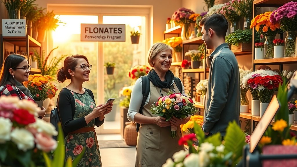 A bustling flower shop filled with vibrant blooms in various colors, showcasing a warm and inviting atmosphere. Customers of diverse backgrounds, including a middle-aged woman in her 40s wearing a floral apron, are engaged in lively conversations with a young couple selecting flowers, their genuine smiles reflecting joy and excitement. The shop is organized with clear signage for automated order management systems, and an area displaying a tablet showcasing a loyalty program, symbolizing technological empowerment. Soft natural light filters through the front windows, illuminating the space with a golden glow, creating a cheerful and uplifting mood. The composition includes a wide shot capturing both the customers' interactions and the beautifully arranged flowers, embodying the themes of growth, community, and happiness in an efficient business environment.