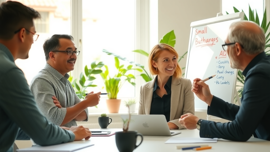 A dynamic scene showcasing a diverse group of professionals in a modern office setting engaged in a collaborative brainstorming session, with a focus on a middle-aged woman leading the discussion, displaying enthusiasm and confidence. The room is bright and airy, filled with greenery to promote a sense of calm and creativity. Soft natural light streams through large windows, casting gentle shadows. Participants, including a young man and an elderly gentleman, are jotting down ideas on a digital whiteboard, illustrating the implementation of small changes in automation. The color palette is fresh and vibrant, embodying a spirit of innovation and teamwork. In one corner, a small plant sits on a clutter-free desk, symbolizing growth and positive transformation. The composition captures an eye-level perspective, fostering a sense of engagement and forward momentum toward success.
