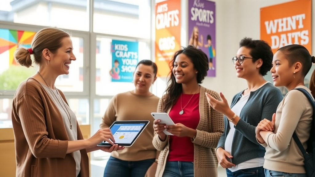 A vibrant and inviting scene showcasing a bright, modern educational center reception area where a mid-30s woman with an enthusiastic smile interacts with a group of four parents, discussing benefits of scheduling and communication systems. The parents, diverse in ethnicity, appear engaged and curious, with one holding a tablet displaying a scheduling app. Sunlight streams through large windows, creating a warm, welcoming ambiance. In the background, colorful banners promoting activities for kids, such as arts and crafts, dance, and sports, are visible. The color palette is cheerful and uplifting, evoking a sense of collaboration and community. The composition is a wide shot, capturing the dynamic exchange, while highlighting posters and flyers that reflect the theme of organization and connectivity.