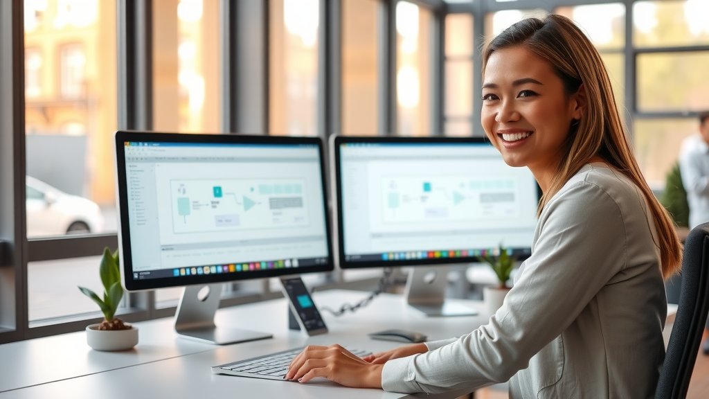 A modern, inviting workspace featuring a woman in her early 30s, smiling and confidently interacting with dual computer screens displaying workflow diagrams, symbolizing the migration from Zapier to Make.com. The setting is a bright office with large windows allowing warm natural light to illuminate the organized desk, which has a plant and a notebook with notes about automation. The composition is a close-up shot focused on the woman’s expression of joy and empowerment as she works. The mood is one of enthusiasm and clarity, reflecting a positive transformation and the excitement of new possibilities in tech. Bright colors enhance the feeling of inspiration and productivity.