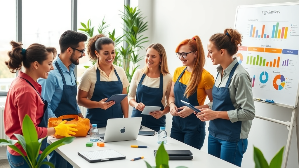 A dynamic, high-energy scene featuring a diverse group of cleaning professionals in their 30s and 40s, engaged in a collaborative meeting in a modern office space. The mood is vibrant and optimistic, with everyone smiling and exchanging ideas, showcasing the integration of technology through tablets and laptops displaying scheduling software. The setting is bright and airy, filled with natural light streaming through large windows, and plants adding a touch of warmth. The composition includes a whiteboard filled with colorful charts and graphs, illustrating improved processes and services. The image captures a sense of empowerment and efficiency, with the atmosphere radiating enthusiasm and teamwork in optimizing company operations.