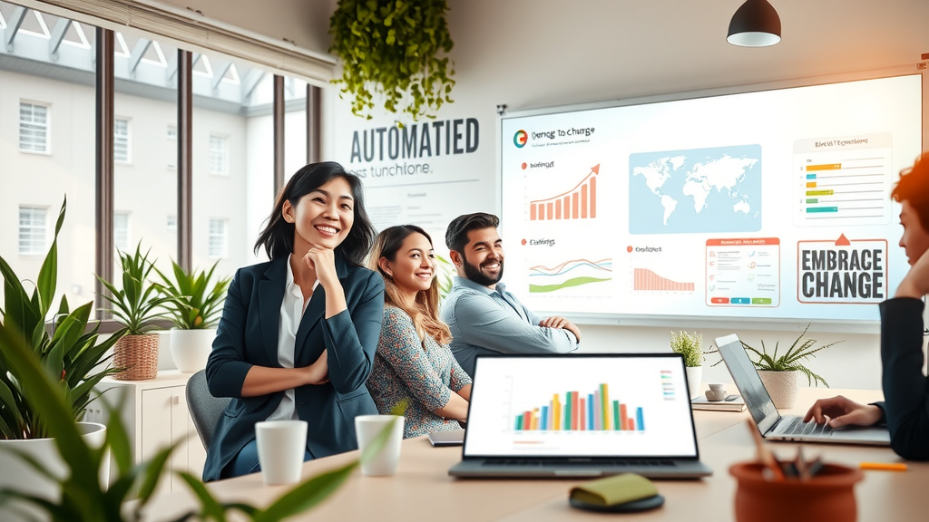 A thought-provoking scene showing a diverse group of professionals engaged in a collaborative brainstorming session in a modern, airy office space filled with plants and natural light. In the foreground, a young woman in her late 20s, wearing smart-casual attire, shares her ideas enthusiastically while a middle-aged man takes notes, both smiling and looking inspired. In the background, a whiteboard is filled with colorful graphs and illustrations of emerging job roles. The room is bright and inviting, with soft sunlight streaming through large windows, creating a vibrant atmosphere that reflects the positive changes automation brings to the workforce. Detailed elements include a laptop displaying a digital landscape of future job opportunities, coffee cups on the table, and a motivational poster about embracing change. The overall mood is one of optimism and forward-thinking, highlighting the transformative impact of technology on careers.