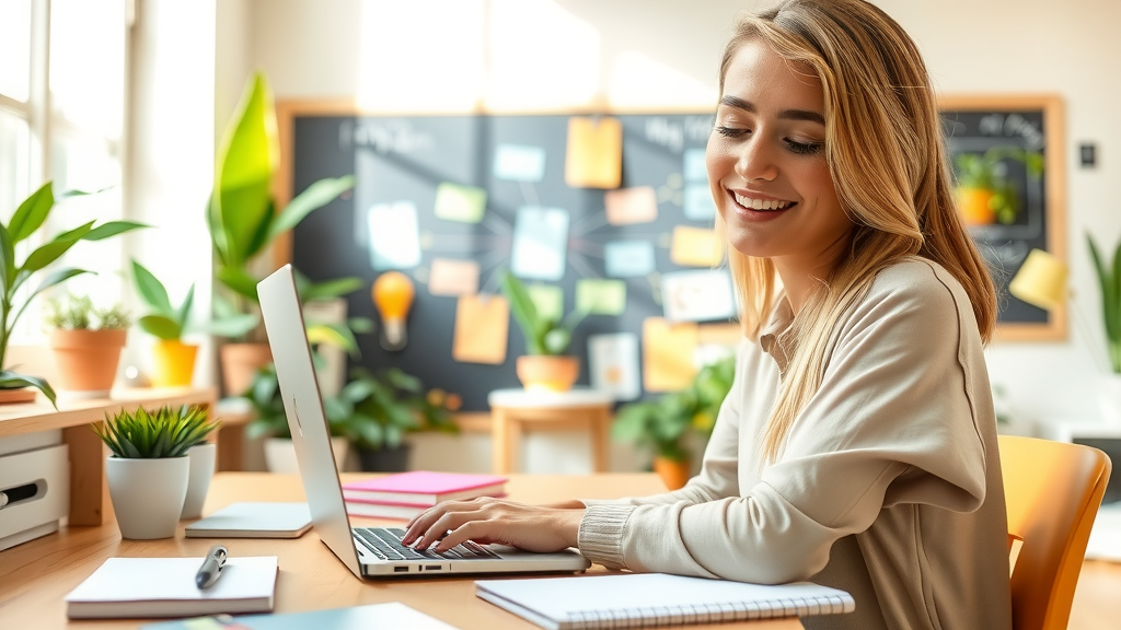 A modern, visually appealing workspace featuring a young woman in her late 20s, focused and smiling as she works on her laptop in a bright, organized room filled with plants and inspirational decor. Natural light pours in through a large window, creating a warm, inviting atmosphere. The desk has neatly arranged project management tools and notebooks. In the background, a chalkboard with colorful mind maps showcases creative ideas and successful project outcomes. A soft color palette of greens and yellows enhances the feeling of calmness and productivity, while the overall scene conveys a sense of empowerment through technology, illustrating effective project and knowledge management. The composition is a close-up shot that captures the woman's joyful expression and the vibrant workspace.