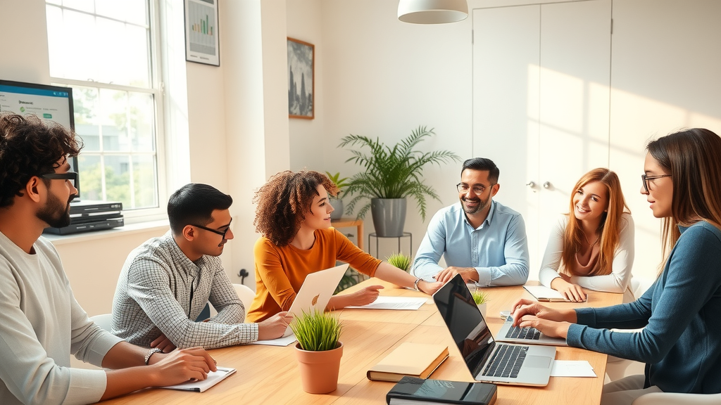 A modern and inspiring image of a diverse group of professionals in a bright and airy co-working space, collaborating on digital project management tools. The scene features a woman in her 30s with curly hair, enthusiastically presenting her ideas on a wall-mounted screen while colleagues of varying ages and ethnicities, including a man in his 40s with glasses and a young woman with a laptop, engage thoughtfully around a large table strewn with digital devices and notebooks. Soft natural light floods the room, creating a warm and inviting atmosphere that promotes creativity and productivity. The composition follows the rule of thirds, with vibrant colors evoking a sense of innovation and enthusiasm. A few plant elements subtly added to the environment emphasize a connection to nature, symbolizing balance in modern work life.