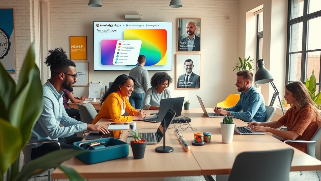A dynamic workspace scene featuring a vibrant and organized modern office where a diverse group of professionals, aged 25 to 40, collaborates enthusiastically around a large table, equipped with laptops and digital devices. The atmosphere is filled with a sense of innovation and teamwork, as they utilize Notion and Make.com to streamline processes. Soft natural light streams in through large windows, casting a warm glow over the room. In the background, a wall screen displays colorful visuals of knowledge management and task automation workflows, showcasing their efforts to improve team efficiency. The room is adorned with plants and inspirational posters, enhancing the positive and energized mood of productivity and collaboration.