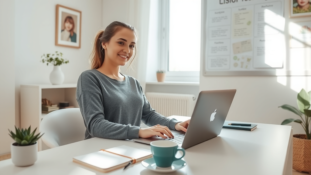 A serene and inspiring image of a young woman in her late 20s, sitting at a minimalistic, sunlit home office desk, working on a laptop with a look of contentment and focus. Surrounding her are calming elements such as a small potted plant, a notebook filled with ideas, and a cup of herbal tea. The room is filled with soft natural light streaming through a large window, creating a warm ambiance. The background features a few personal items, like a framed photo of family or friends, symbolizing connection and support. In one corner, a vision board with goals related to self-improvement and finances adds an element of positive transformation. The composition captures an eye-level view, emphasizing her relaxed posture, genuine smile, and sense of empowerment, embodying the essence of simplicity and fulfillment in life.