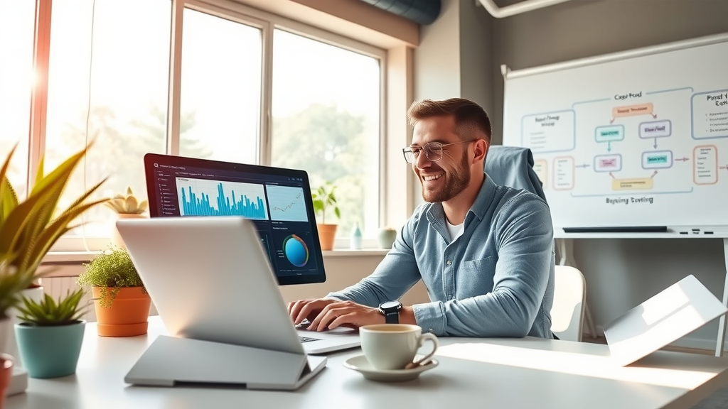 A dynamic and engaging scene in a modern workspace featuring a man in his early 30s, wearing smart-casual attire, focused on his laptop with a smile, analyzing data on a screen that visually represents behavioral analysis and machine learning graphs. The workspace is bright and inviting, with large windows allowing soft natural light to stream in, casting a warm glow on the clutter-free desk adorned with a few potted plants and a coffee cup. In the background, a large whiteboard displays diagrams and flowcharts related to anti-fraud systems, contributing to a sense of innovation and empowerment. The overall mood is energetic and optimistic, highlighting the balance between technology and a stress-free work environment.