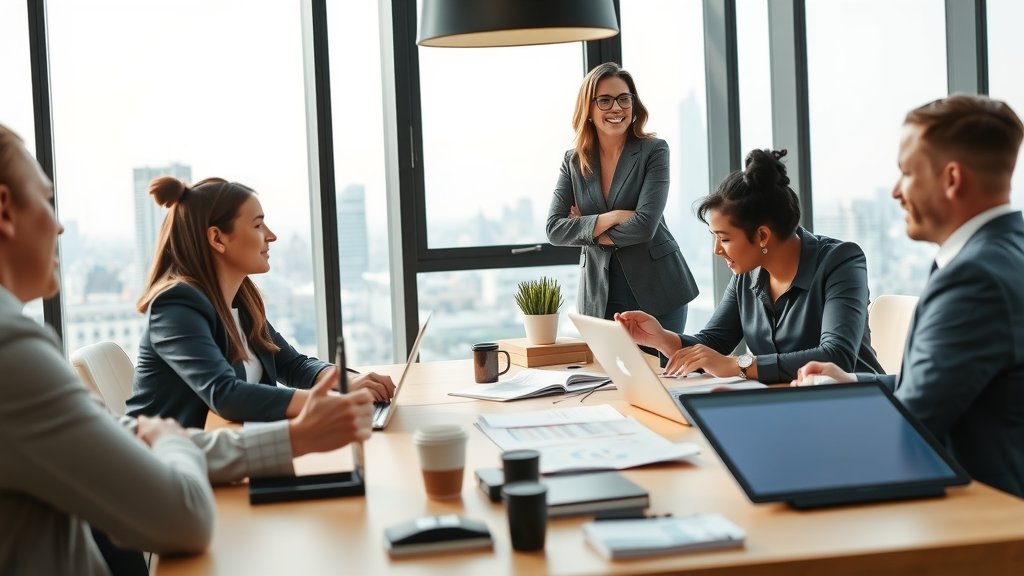 A professional woman in her early 40s with a confident expression is standing in a modern office setting, engaged in a strategic discussion with her team. The workspace is bright and airy, filled with large windows letting in soft natural light, showcasing a city skyline in the background. On the table are sleek laptops, charts, and digital devices, symbolizing automation and efficiency. The atmosphere is collaborative and inspiring, with team members of diverse backgrounds attentively listening and taking notes. The color palette is fresh and modern, enhancing the feeling of innovation and empowerment. The composition captures a dynamic moment, hinting at positive transformation and strategic guidance in action.