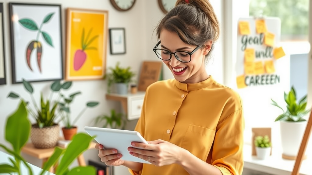 A bright and inviting workspace featuring a young professional woman in her late 20s, joyfully engaging with a digital tablet, showcasing a sense of empowerment and productivity. The setting is a well-organized home office filled with plants and inspirational artwork, bathed in warm natural light from a nearby window. Her expression radiates focus and contentment, embodying personal growth. In the background, a soft focus reveals a vision board with goals scribbled on sticky notes, subtly illustrating the journey toward career achievements. The color palette is fresh and uplifting, combining greens, yellows, and soft blues, evoking a feeling of calm and motivation. This scene captures the harmonious balance between technology and personal fulfillment, emphasizing the positive transformation achieved through automation.