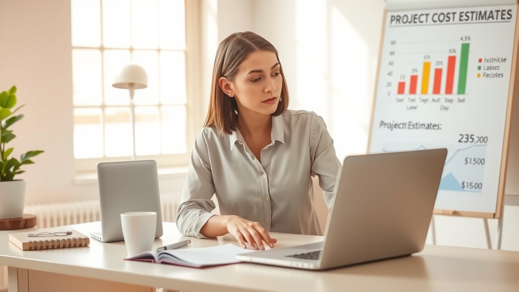 A focused, contemporary workspace featuring a young woman in her early 30s, dressed smartly in a blouse and jeans, deep in thought as she reviews project cost estimates on her laptop. She has an expression of concentration mixed with determination, sitting at a clean desk adorned with minimalistic decor like a potted plant and a notebook. The setting is well-lit with soft natural light streaming in through a large window, casting a warm glow over the room, enhancing the feeling of productivity. The background includes a whiteboard with charts and figures, subtly indicating the themes of pricing, labor intensity, and automation risks. The overall mood is calm but vibrant, suggesting empowerment through knowledge and careful planning.