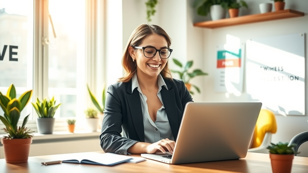 A dynamic and informative scene capturing a young woman in her early 30s with a friendly expression, seated at a stylish and minimalist workspace, engaging with a laptop that displays an automated dashboard for e-commerce. She is wearing smart-casual attire and appears focused and relaxed. Sunlight filters through a nearby window, casting a warm glow on the room filled with plants and motivational posters. In the background, shelves hold organized materials related to business processes. The image conveys a sense of efficiency and satisfaction in work-life balance, showcasing technology simplifying the task of compliance with labeling regulations. The overall mood is vibrant and uplifting, emphasizing the ease of automation transforming her daily routine.