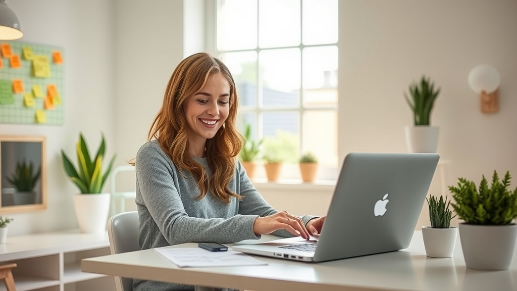 A bright and inviting workspace featuring a woman in her early 30s with a cheerful expression, seamlessly integrating technology into her daily routine. She sits at a clean desk adorned with plants and a laptop, actively engaged in a creative task while using automation tools on the screen. Soft natural light pours in through a large window, illuminating the scene and creating a tranquil atmosphere. In the background, gentle hints of organizational tools like sticky notes and flowcharts depict her projects, symbolizing harmony between work and personal life. The overall mood is joyful and empowering, showcasing the simplicity of technology enhancing productivity and freeing up time for personal interests.