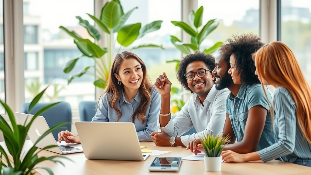 A vibrant, focused shot of a diverse group of young professionals in a bright, modern workspace, surrounded by greenery. They are engaged in a collaborative brainstorming session, with laptops open and sticky notes scattered around. One team member, a woman in her late 20s with a contagious smile, is explaining an idea while others listen attentively and nod in agreement. Soft natural light floods the room, enhancing the positive atmosphere. The backdrop features a large window with a view of a bustling city, symbolizing growth and opportunity. A clean, minimal desk setup with tech gadgets and a small plant adds to the empowering environment. The overall mood is energized and optimistic, reflecting the exciting possibilities of creating a micro-SaaS business through automation.