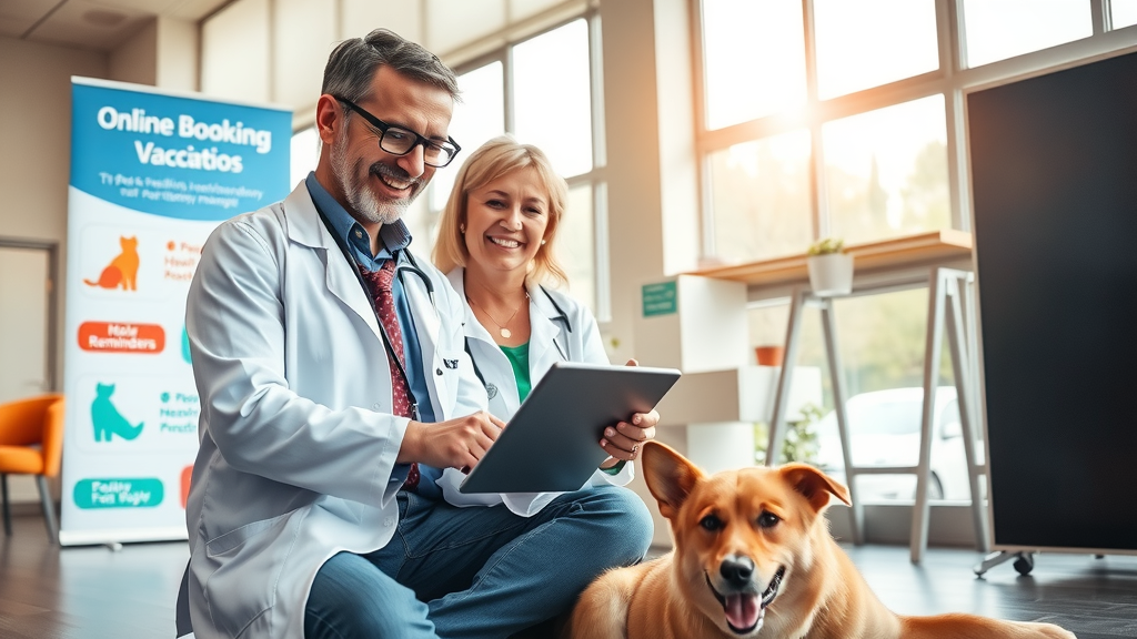 A bustling veterinary clinic reception area filled with warm, inviting light streaming through large windows. A friendly veterinarian in their 30s, wearing a white coat, is attentively discussing a digital tablet with a pet owner, a smile on both their faces, conveying a sense of trust and ease. In the background, you can see a colorful poster showcasing online booking, vaccination reminders, and pet health history management, creating an atmosphere of modernity and efficiency. The composition is an eye-level shot that captures both the connection between the vet and the pet owner and the organized, high-tech environment. The color palette is bright and cheerful, enhancing the overall mood of happiness and empowerment through technology. A happy dog is playfully resting on the floor nearby, adding to the positive family-friendly vibe of the scene.