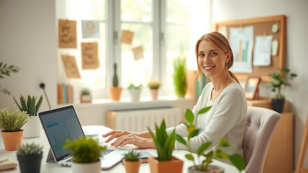 A serene and organized home office scene featuring a woman in her early 30s with a relaxed smile, sitting at her beautifully arranged desk adorned with plants and inspirational decor. She is effortlessly managing her finances on a laptop, displaying charts and budgets on the screen. Soft natural light streams through a large window, creating a warm and inviting atmosphere. The room is decorated in calming pastel colors with hints of greenery. In the background, a bulletin board shows notes and goals, symbolizing personal growth and effective financial management. The composition captures a sense of tranquility and empowerment, embodying a harmonious work-life balance where technology enhances personal well-being.
