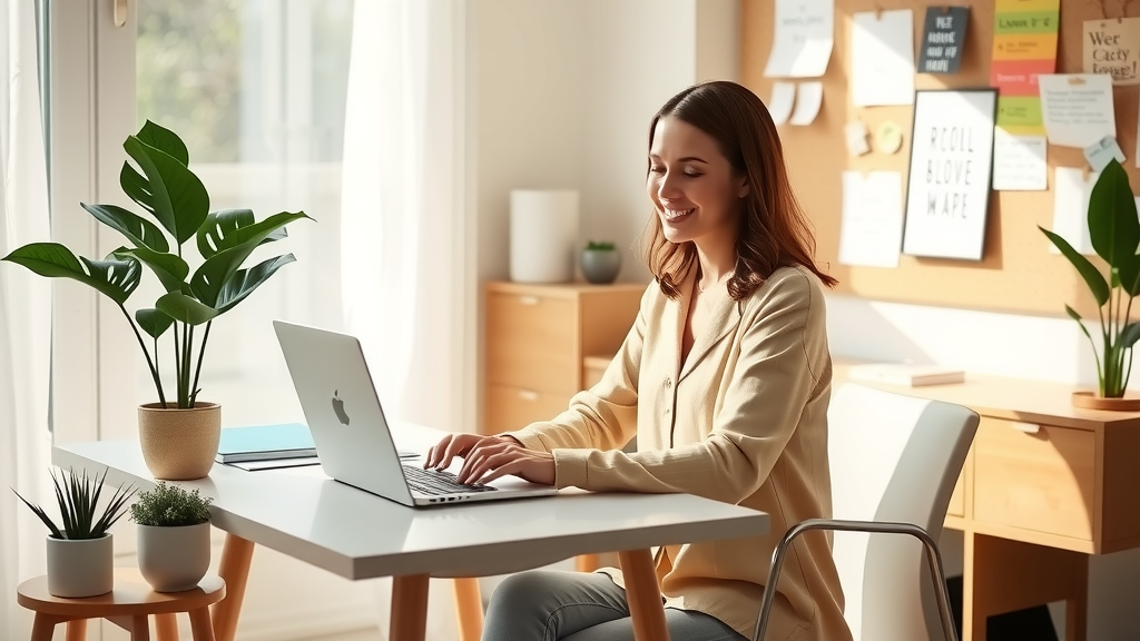 A serene scene depicting a young woman in her early 30s sitting at a stylish, minimalist desk in a bright, airy home office. She has a relaxed demeanor, with a gentle smile as she effortlessly navigates budgeting software on her laptop. The room is illuminated by soft natural light streaming through a large window, with potted plants and organized financial documents surrounding her, symbolizing calmness and control over her finances. In the background, there's a corkboard with colorful reminders and motivational quotes, enhancing the atmosphere of inspiration and empowerment. The color palette is warm and inviting, evoking a sense of balance and joy in managing her finances with ease.