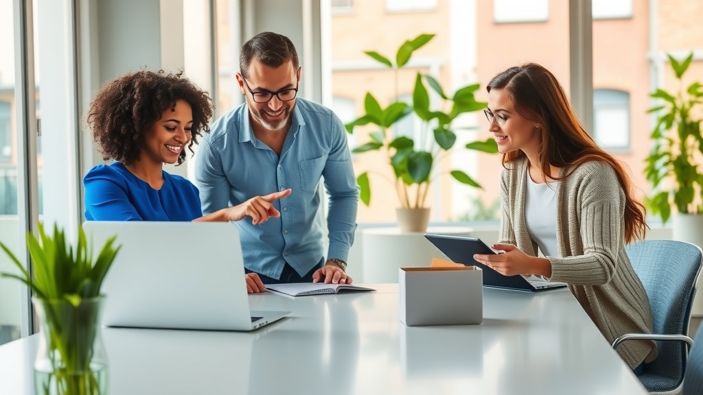 A vibrant and inviting workspace featuring a diverse group of three professionals in their early 30s collaborating around a sleek, modern table. One woman with curly hair in a bright blue blouse is enthusiastically pointing at a checklist displayed on a laptop, while a man in a casual shirt and glasses leans in, nodding in agreement. A third team member, a woman in a light sweater, is taking notes, looking engaged and focused. The ambiance is filled with natural light streaming through large windows, casting a warm, uplifting glow across the office, decorated with indoor plants. The color palette is fresh with greens and soft blues, evoking a sense of productivity and optimism. The scene conveys teamwork, innovation, and excitement about the possibilities of automation in streamlining business processes, showcasing the journey toward success and efficiency.
