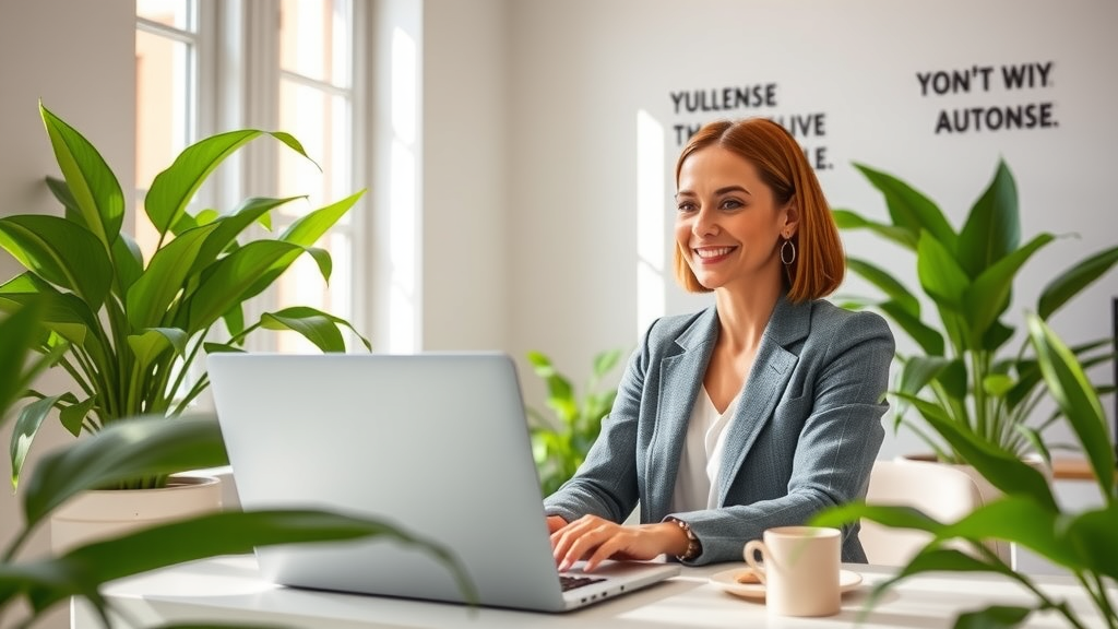 A professional and inviting workspace featuring a mid-30s woman in business casual attire, sitting at a sleek desk with a laptop open in front of her, focused yet relaxed. She is smiling as she engages in a video call, flanked by lush green plants that enhance a tranquil atmosphere. The lighting is bright and natural, streaming through a large window, creating warm highlights around the room. The background suggests a clean and organized space, with motivational quotes on the wall, and soft textures that foster a sense of calmness and creativity. The overall mood is one of empowerment and harmony, reflecting the balance between work and personal life while emphasizing the innovative aspect of automation in service delivery.