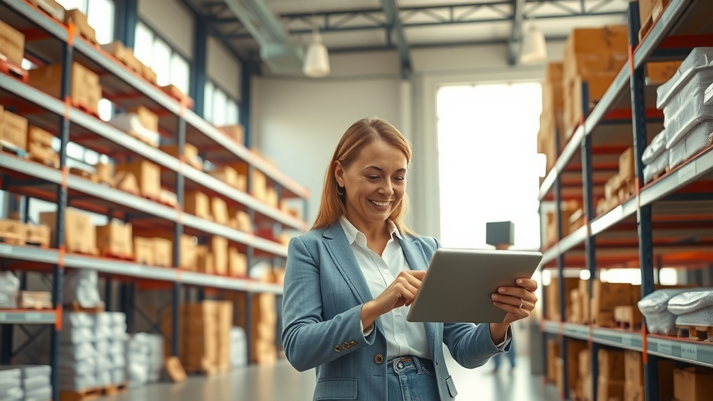 A modern and inviting warehouse setting showcasing a middle-aged woman in business casual attire, looking confidently at a tablet with a smile while overseeing a streamlined, automated inventory system. The environment is well-organized with clear shelving stocked with products and smart IoT devices visibly integrated. Soft natural lighting comes through large windows, creating a bright atmosphere. The composition features a wide shot that captures both the woman and the clean, efficient workspace, highlighting the harmony between technology and a peaceful work environment. Colors are warm and professional, evoking a sense of empowerment and progress in managing business operations effectively.