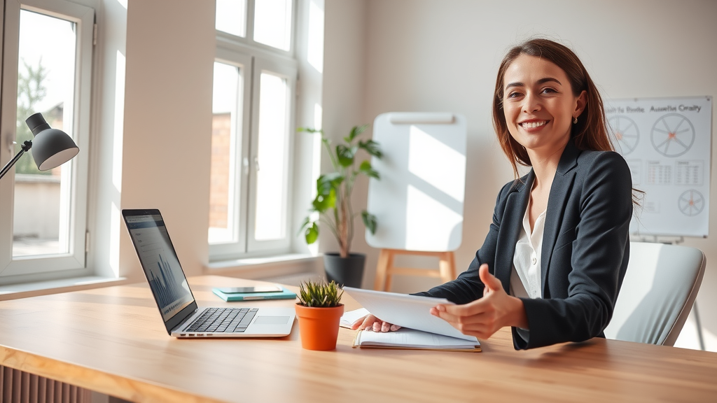 A focused scene of a professional woman in her early 30s, dressed in smart casual attire, sitting at a stylish minimalist desk in a bright home office, engaged in a video call about automation strategies. She has an encouraging and confident expression, surrounded by notes and a laptop displaying graphs. The room is filled with natural light streaming through large windows, creating a warm and inviting atmosphere. A small potted plant sits on the desk, adding a touch of nature, while soft neutral colors enhance the sense of calm and professional empowerment. In the background, a whiteboard with diagrams hints at collaborative ideas and successful implementations. The composition is an eye-level shot, highlighting both her focused demeanor and the organized workspace that symbolizes productivity and creativity.