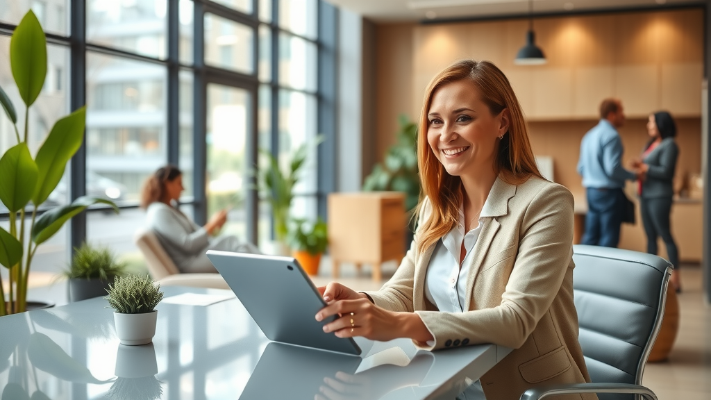 A professional and approachable scene set in a modern office of a property management company, showcasing a mid-30s woman with a friendly smile, sitting at a sleek desk. She is enthusiastically engaging with a high-tech tablet while reviewing data and responding to resident inquiries. Around her, there are large windows allowing soft natural light to illuminate the space, enhancing the vibrant atmosphere. In the background, team members are collaboratively discussing in a comfortable meeting area, exuding a sense of teamwork and efficiency. The color palette is bright and inviting, with greens from indoor plants and warm wooden accents. The scene conveys a harmonious blend of technology and personal interaction, symbolizing improved service quality through effective automation.