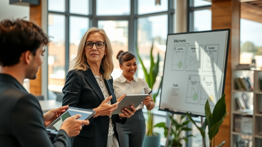 A thoughtful mid-shot of a diverse group of professionals in a modern workspace, engaging in a productive brainstorming session. A middle-aged woman with glasses is presenting a diagram of mental models on a smart whiteboard, her expression focused and passionate. In the background, a young man and a woman in their 30s are discussing ideas, jotting notes on tablets, and sharing smiles, embodying collaboration and enthusiasm. The environment is filled with natural light streaming through large windows, showcasing a vibrant cityscape outside. The color palette includes warm wood tones mixed with fresh greenery from potted plants, creating an inviting atmosphere. This scene captures the essence of innovation and effective problem-solving through teamwork and advanced thinking processes, emphasizing a harmonious blend of technology and human interaction.