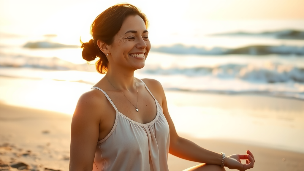 A serene and uplifting scene depicting a woman in her early 30s with a warm smile, engaging in a mindful yoga practice on a peaceful beach at sunrise. The soft golden light bathes the scene, creating a tranquil atmosphere. In the background, gentle waves lap at the shore, symbolizing harmony and personal growth. The woman is surrounded by a few small, carefully placed elements like a journal and a plant, suggesting self-realization and reflection. The composition is slightly low angle, emphasizing her connection with the natural world around her. The overall color palette features soft pastels and warm tones, evoking a sense of calm and freedom.