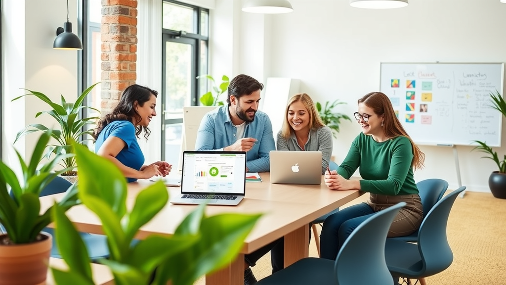 A vibrant scene in a bright, spacious office environment showcasing a diverse group of four people, including a woman in her early 30s, a man in his late 40s, and two young volunteers, all engaged in a strategic planning session. They are gathered around a modern conference table, collaborating enthusiastically over a laptop and tablet displaying donation management software. Natural light streams through large windows, creating a warm and inviting atmosphere, while plants add a touch of nature. Expressions of joy and empowerment are present as they discuss tools and strategies, embodying the theme of effective volunteer and donation management. The overall color palette is fresh and uplifting, with greens and blues promoting a sense of calm and purpose. In the background, a whiteboard filled with notes and ideas highlights their commitment to improving their nonprofit’s impact.