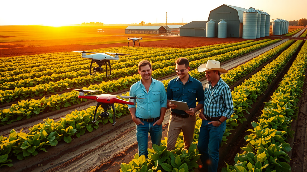 A captivating aerial view of a modern farm during golden hour, showcasing vast green fields equipped with digital farming technology, such as drones monitoring crop health and automated irrigation systems. In the foreground, a diverse group of farmers in their 30s and 40s, dressed in practical work attire, are gathered around a sleek tablet, discussing data and sharing smiles of satisfaction. The backdrop features a picturesque barn and silos, with some rows of flourishing crops visible. The lighting is warm and inviting, creating a serene atmosphere of harmony between technology and nature, while the overall scene conveys a sense of progress, productivity, and joyful collaboration in agriculture.