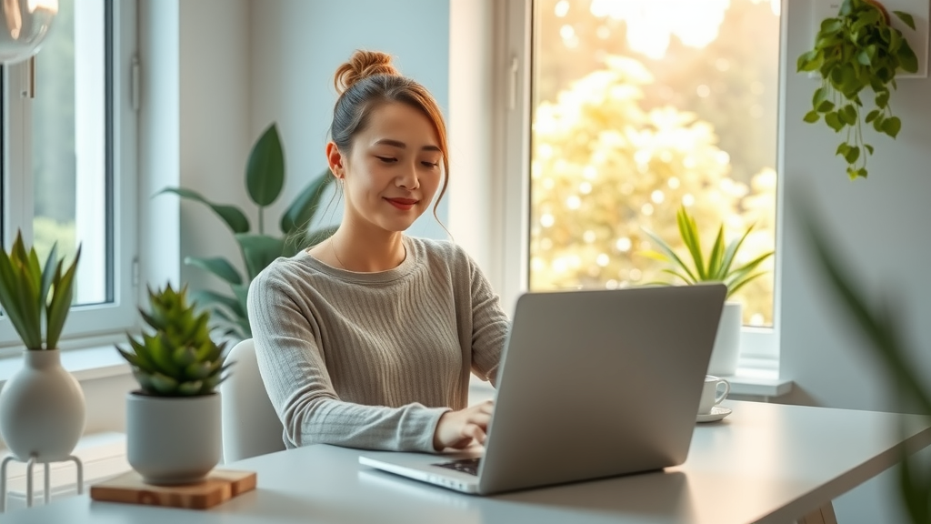 A serene and inviting workspace featuring a woman in her early 30s with a relaxed expression, comfortably seated at a minimalist desk adorned with plants and calming decor. Soft natural light filters through a nearby window, casting a warm glow on her as she engages with a user-friendly automation system on her laptop, visibly reducing her stress levels. In the background, a glimpse of a tranquil garden can be seen, harmonizing with the theme of freedom from anxiety. The overall mood is uplifting and peaceful, emphasizing well-being and proactive stress management. The composition is eye-level, capturing the essence of a balanced and empowered lifestyle.