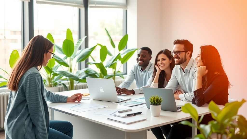 A modern and inspiring office setting featuring a professional woman in her early 30s, smiling and collaborating with a diverse team over a laptop on a sleek desk. The room is bright with large windows allowing natural light to pour in, and green plants add a touch of nature to the environment. The individuals are engaged in a discussion about optimizing HR processes, with charts and documents scattered on the table. The overall mood is one of enthusiasm and teamwork, reflecting the theme of automation in recruitment. The colors are fresh and inviting, promoting a sense of innovation and efficiency. The composition is a wide shot, capturing both the people and the dynamic workspace, emphasizing this new era of streamlined hiring processes.