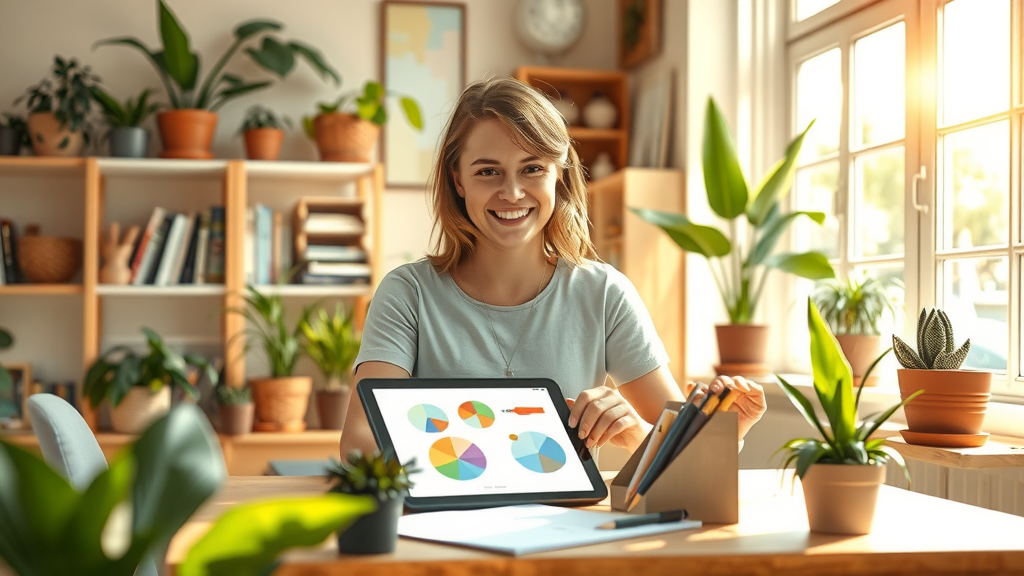 A vibrant and inspiring scene depicting a woman in her early 30s with an enthusiastic smile, working on a creative project in a beautifully designed, sunlit workspace filled with plants and art supplies. She is seated at a large wooden desk, a digital tablet in front of her displaying colorful sketches, with soft morning light streaming through large windows illuminating the room. In the background, shelves are filled with books and creative materials, symbolizing innovation and artistic exploration. The atmosphere is calm and encouraging, with warm tones that evoke a sense of freedom and mental clarity. The composition captures her joyful engagement in her work, reflecting the positive impact of automation and AI on unlocking creativity and resourcefulness in the modern world.