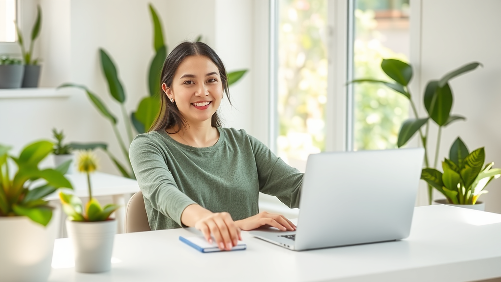 A serene scene depicting a young woman in her early 30s, with a calm expression and an air of contentment, sitting at a minimalist home office desk surrounded by plants, gently decluttering her digital devices. The room is bathed in soft natural light streaming through a window, showcasing a neat and organized space with a laptop displaying a subscription management app. In the background, a peaceful view of a green garden can be seen. The colors are fresh and calming, with greens and soft whites, evoking a sense of clarity and liberation. The composition is an eye-level shot, focusing on her joyful engagement with technology as a tool for better life management, representing the theme of freeing oneself from digital clutter.