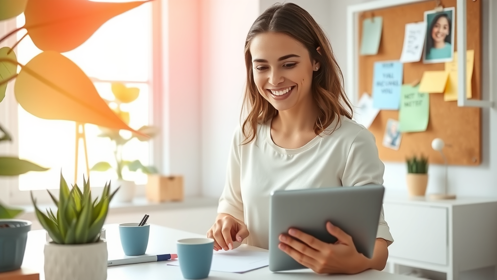 A serene and inspiring scene featuring a young woman in her early 30s with a joyful expression, sitting at a minimalist, bright home office space, engaged in mindful planning with a digital tablet. Soft natural light streams through a large window, casting a warm glow on a tidy desk adorned with plants and motivational quotes. In the background, a corkboard displays colorful notes and images symbolizing productivity and personal growth. The color palette is fresh and airy, evoking a sense of calmness and focus. The composition is a close-up angle, emphasizing her contentment as she finds balance amidst her work and life's demands, subtly representing the liberation from multitasking stress.