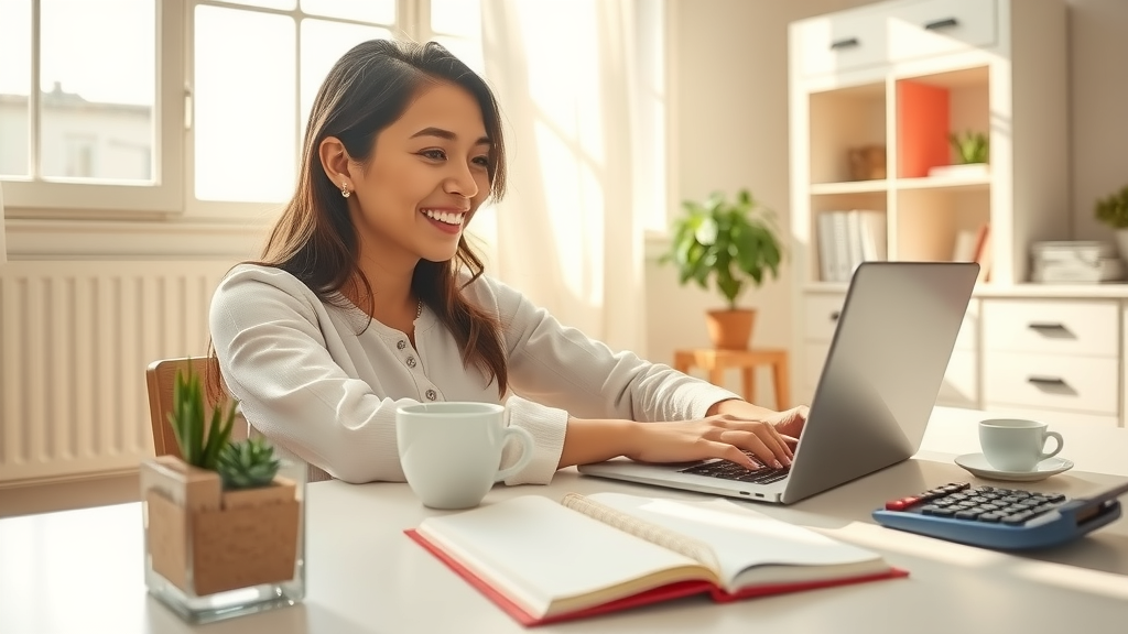 A serene and inviting workspace featuring a young woman in her late 20s, with a joyful expression, engaged in using a laptop to manage her finances through an automation app. She sits at a bright, minimalist desk adorned with a small green plant and a cup of coffee, sunlight streaming through a window, casting a warm glow around her. The background showcases a tidy, organized room with vibrant colors, conveying a sense of calm and control. An open notebook and a calculator are subtly placed on the desk, symbolizing the transition from manual tasks to streamlined efficiency. The composition is eye-level, capturing her relaxed posture and focus, evoking feelings of empowerment and liberation from routine.