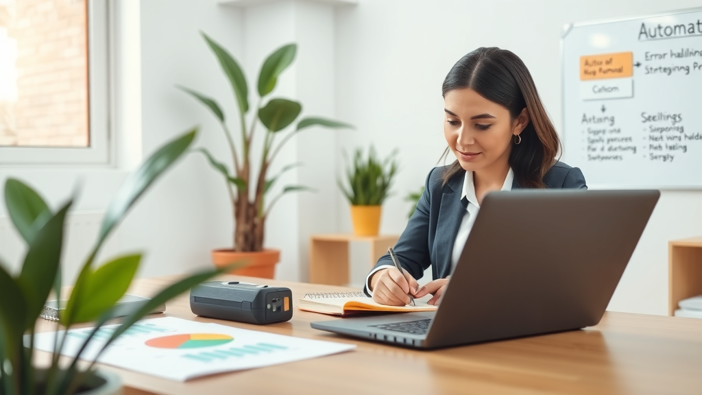 A focused mid-shot of a confident woman in her early 30s, dressed in smart-casual attire, working intently at a bright and modern home office with plants around. She is deeply engaged in her laptop, taking notes on a notepad, with a serene expression of productivity and control. Natural light fills the room, creating a calm and inviting atmosphere. On the desk, there are flowcharts and screenshots illustrating automation processes. In the background, a digital whiteboard displays error handling strategies, symbolizing the construction of resilient scenarios. Soft blues and greens dominate the color palette, evoking a sense of clarity and empowerment. The overall mood is positive and inspiring, representing the journey towards effective automation.