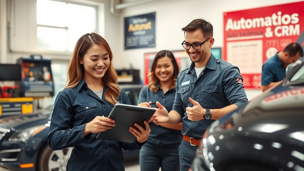 A professional and inviting scene in a modern auto repair shop, showcasing a diverse team of technicians in their 30s, engaged in various tasks. One technician, a woman with a warm smile, assists a customer with online scheduling on a tablet, while another technician, a man, is seen discussing car service details with a satisfied client. The environment is bright and well-organized, with tools neatly arranged and vibrant posters highlighting the benefits of automation and CRM systems in automotive services. Soft natural light floods through large windows, creating an uplifting atmosphere. The color palette features warm earth tones with splashes of bright colors from the tools and equipment, conveying a sense of efficiency, professionalism, and the positive impact of technology on business improvement. The angle is slightly elevated, capturing a wide shot of the busy yet harmonious workspace.