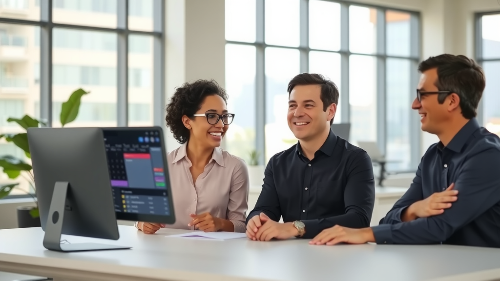 A modern, open office space with large windows letting in soft natural light. Two diverse professionals, a woman in her early 30s with curly hair and glasses, and a man in his late 40s with short hair, are sitting at a sleek, minimalist table, looking engaged and happy. The woman is speaking animatedly while the man listens attentively, both smiling. Around them, a tidy workspace features a digital screen displaying an organized schedule and automated task lists, symbolizing efficiency. In the background, a serene indoor plant adds a touch of calmness to the environment. The overall mood is bright and uplifting, reflecting harmony and productivity in work-life balance. The composition is slightly angled to capture their expressions and the vibrant atmosphere, inviting viewers into a stress-free space designed for effective collaboration and transformation.