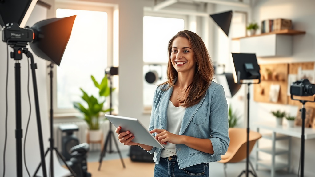 A vibrant and modern photo studio environment, showcasing a woman in her early 30s with an enthusiastic smile, coordinating her schedule on a sleek tablet while standing amidst various photography equipment. The setting features organized backdrops and professional lighting, with soft natural light streaming through large windows, creating an inviting atmosphere. The composition captures her engaged expression, symbolizing empowerment and freedom in managing her business. In the background, a serene workspace is visible with a cozy chair, plants, and mood boards that suggest creativity and inspiration. The overall mood is cheerful and optimistic, emphasizing the theme of simplified management and personal growth through automation.