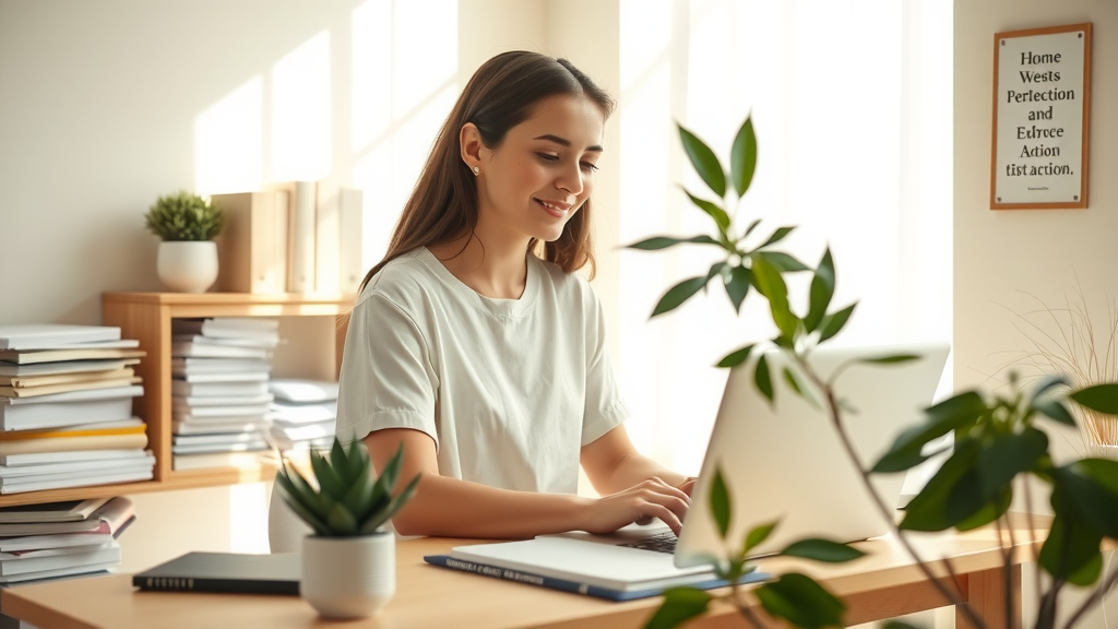 A serene scene featuring a young woman in her early 30s, sitting comfortably at a minimalist home office desk bathed in soft natural light, a look of contentment on her face as she works on her laptop. Surrounding her are plants and neatly organized books, symbolizing a harmonious workspace. In the background, there is a subtle contrast of a cluttered desk with papers and tension from the past, now replaced by a clean, inviting environment that radiates productivity. The colors are warm and inviting, with a sense of calmness and focus in the air. A small motivational poster with a positive affirmation is visible on the wall, reinforcing the theme of overcoming perfectionism and embracing action. The camera angle is slightly above eye-level, capturing her engaged and relaxed demeanor as she brings her ideas to life.