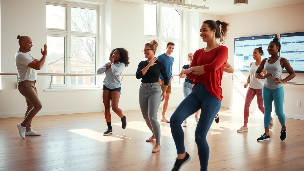 A vibrant, dynamic scene in a spacious, well-lit dance studio featuring a dance instructor in their early 30s, passionately demonstrating a move to a diverse group of enthusiastic adult students. The instructor wears stylish dance attire and has an encouraging smile, while the students, varying in age and ethnicity, show expressions of joy and concentration. Sunlight pours through large windows, casting soft shadows on polished wooden floors, enhancing the uplifting atmosphere. In the background, a clean, organized space showcases choreographed schedules and digital screens displaying class management software, symbolizing the benefits of automation and efficient organization. The overall mood is energetic and inspiring, embodying the harmony between technology and the art of dance.