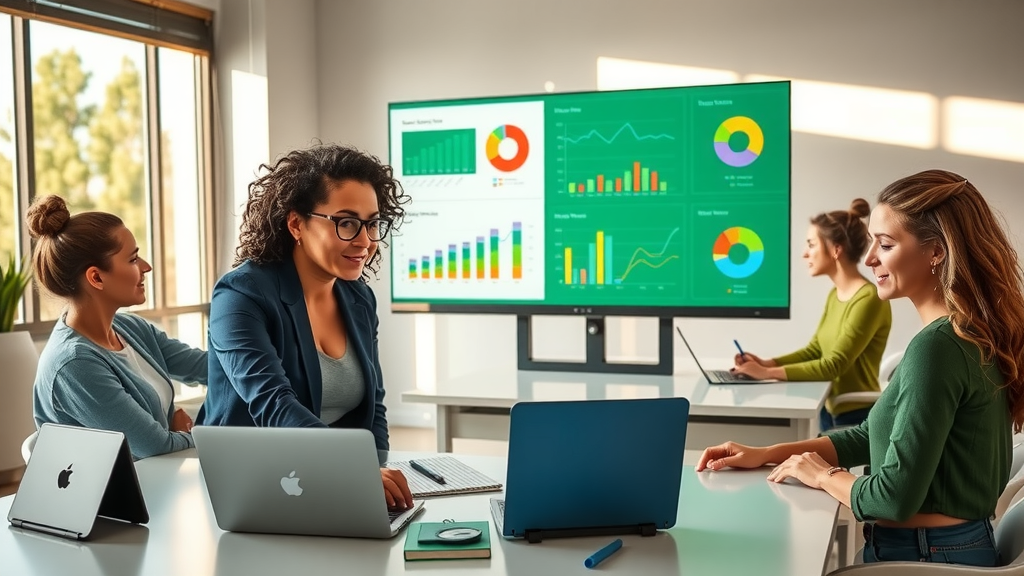 A dynamic scene depicting a diverse group of professionals in a modern office space engaged in a collaborative marketing research meeting. In the foreground, a woman in her early 30s with curly hair and stylish glasses is analyzing colorful data visualizations on a large digital screen, showcasing graphs and charts that illustrate trends and insights. Surrounding her are three colleagues, all in smart casual attire, actively discussing their findings with expressions of excitement and curiosity. The room is filled with natural light streaming through large windows, casting soft shadows across the sleek desks adorned with laptops, notebooks, and creative tools. The color palette is bright and energetic, featuring greens and blues that evoke a sense of innovation and growth. The composition includes elements of technology seamlessly integrated into the workspace, like tablets and smart boards, enhancing the theme of modern strategies and automation in marketing. Overall, the mood is collaborative and forward-thinking, inspiring a feeling of empowerment and positive transformation in the approach to data analysis and visualization.