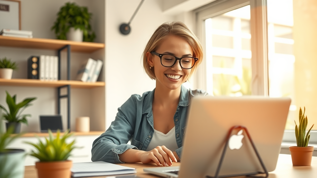A professional yet inviting workspace featuring a young woman in her late 20s, wearing casual attire with a focused smile, engaged in setting up a subscription club on her laptop. She is seated at a stylish desk adorned with minimalist decor and potted plants, bathed in warm natural light coming from a large window. The background includes shelves with books and tech gadgets, conveying a sense of innovation and productivity. The angle captures her in a close-up shot, highlighting her concentration and satisfaction as she automates processes using technology, symbolizing the blend of work and personal growth. The overall mood is optimistic and inspiring, with a color palette of soft greens and warm earth tones, evoking feelings of empowerment and achievement.
