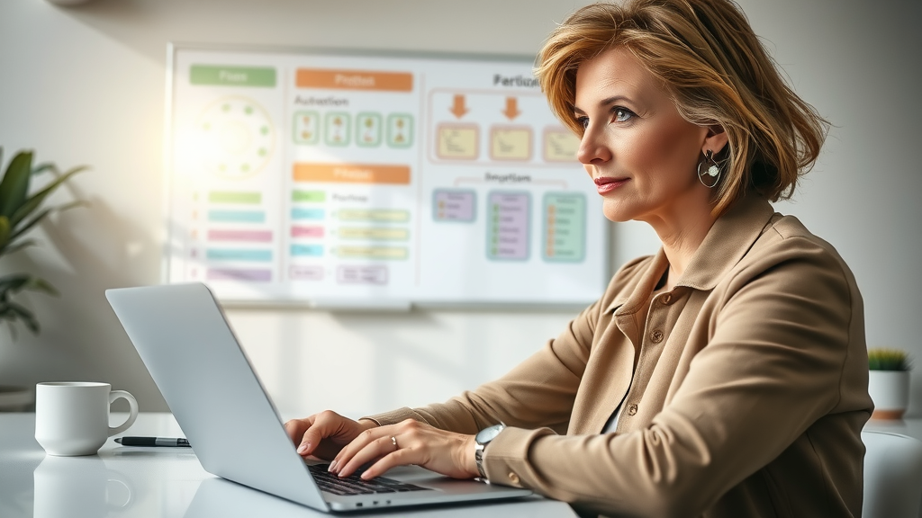 A thoughtful close-up image of a mid-aged woman sitting at a stylish, organized workspace, looking contemplative as she reviews automation scripts on her laptop, gentle natural light illuminating her face. In the background, a whiteboard filled with colorful process optimization diagrams and flowcharts, representing the journey of improving work efficiency. Her expression reflects a mix of focus and determination, embodying the theme of embracing change. The scene captures a balance of modern technology and personal growth, with soft colors promoting a calm and inspiring atmosphere.
