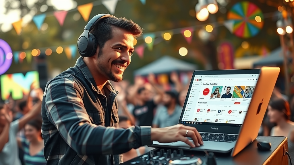A dynamic scene showing a professional DJ in his early 30s, wearing stylish headphones and a relaxed outfit, mixing tracks effortlessly at a vibrant outdoor event. Behind him, there are colorful lights and a cheering crowd enjoying the music, capturing the joy and energy of the moment. The DJ is smiling, focused, and immersed in his craft, with a laptop set up next to him showing organized playlists and order management tools. The setting is illuminated by golden hour sunlight, creating a warm and inviting atmosphere. The composition captures the excitement of the event, while also conveying a sense of harmony and balance between work and passion, embodying technological empowerment and personal fulfillment.