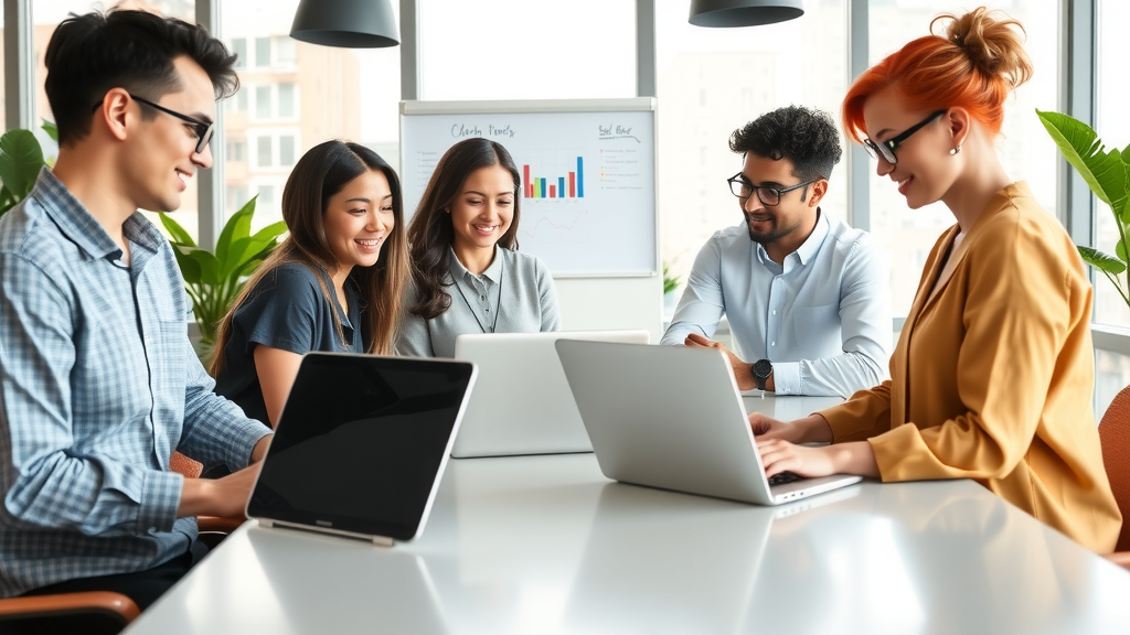 A professional and inviting workspace scene showcasing a diverse team of three business professionals in their 30s engaged in a collaborative discussion. They are gathered around a sleek, modern table with laptops and tablets displaying graphs and analytics on their screens. Bright natural light floods the room from large windows, creating a warm and productive atmosphere. In the background, a whiteboard filled with colorful charts and notes highlights their brainstorming session. The expressions of the individuals are focused yet joyful, reflecting the positive energy of teamwork and problem-solving. The color palette is fresh and modern with elements of green plants around the office, evoking a sense of growth and efficiency achieved through automation. The composition is eye-level, capturing the dynamic interaction among the team as they explore innovative solutions for business improvement.