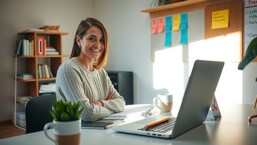 A focused and serene workspace featuring a young woman in her late 20s, dressed casually in a comfortable sweater, smiling as she reviews homework on her laptop. She's sitting at a minimalist desk adorned with a potted plant and a coffee cup, sunlight streaming in from a nearby window, creating a warm and inviting atmosphere. The camera captures her at eye level, showcasing her contentment and engagement with her work. In the background, a neatly organized bookshelf and a bulletin board with colorful reminders hint at a systematized approach to both learning and feedback. The overall mood is calming and productive, embodying the theme of simplifying and enhancing the educational experience through automation.