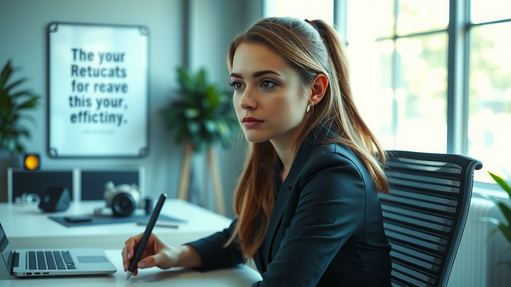 A close-up shot of a young woman in her early 30s with a focused expression, sitting at a sleek modern desk filled with innovative gadgets and a laptop, reflecting on overcoming her fears related to automation. The room is brightly lit with soft natural light streaming in through a large window, showcasing a minimalistic and inspiring workspace. In the background, a motivational poster about productivity hangs on the wall. The overall mood is one of empowerment and determination, with a vibrant color palette of blues and greens that instills a sense of calm and confidence. The scene captures the essence of personal growth and the reduction of workplace stress, emphasizing the journey towards increased efficiency in business.